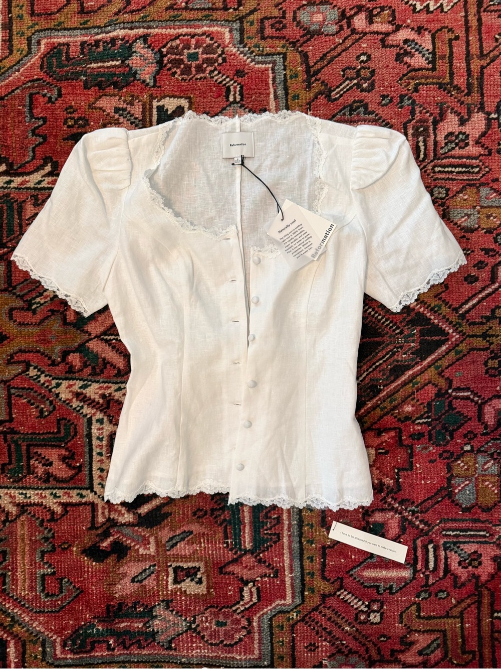 Reformation White Linen Lace-Trim Button Front Top - Picture 2 of 2